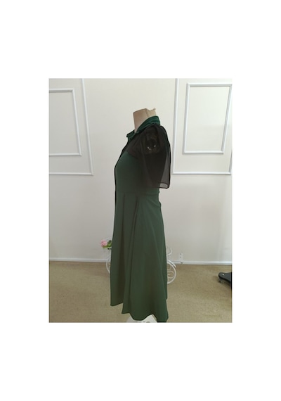 Butik İstanbul Kadın Kısa Kollu Yakalı Önden Düğmeli Midi Ithal Krep Elbise Yeşil