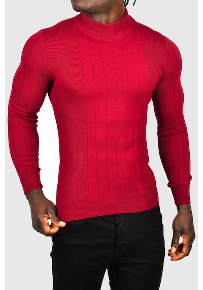 Deepsea Erkek Bordo Yarım Balıkçı Yaka Çizgili Tüylenmeyen Slim Fit Triko Kazak 2505491 Bordo