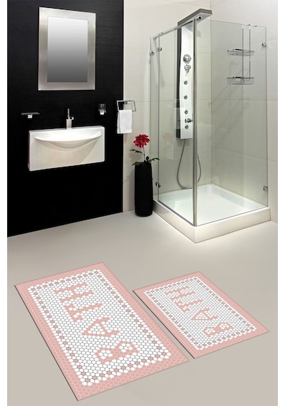 Buççin Online Mağaza Dijital Baskılı Mozaik Desenli Bath Yazılı İkili Banyo Paspası Klozet Takımı Polipropilen Pembe Çok Renkli