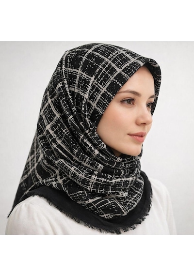 Sinem Emprime Koton Eşarp - Siyah / Beyaz-6292 Antrasit-Gri