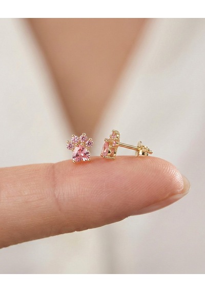Pembe Taşlı Kedi Patisi 14 Ayar Altın Küpe