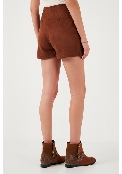 Lela Asimetrik Kışlık Scuba Süet Düğme Detaylı Slim Fit Bayan Şort Etek 5865968 Taba