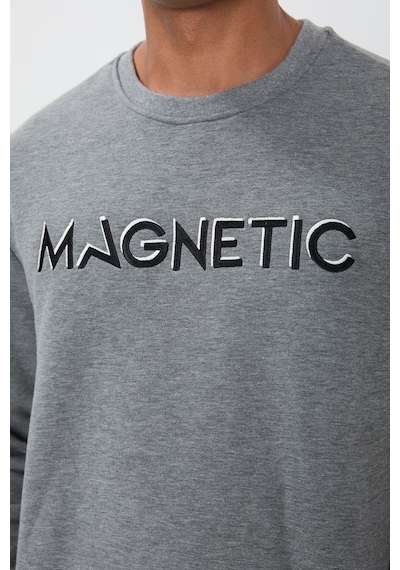 Tommy Life Gri Melanj Yazı Nakışlı O Yaka Rahat Form İçi Polarlı Erkek Sweatshirt - 88020 GRİ MELANJ
