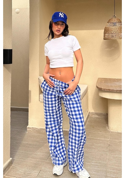 Madmext Saks Ekoseli Kadın Pantolon Mg2401 Saks