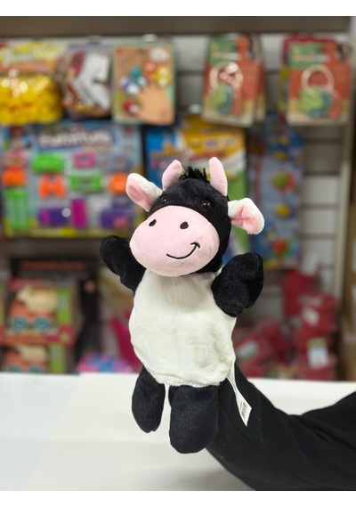 Peluş 25 Cm El Kuklası Siyah Beyaz İnek Kukla Çok Renkli