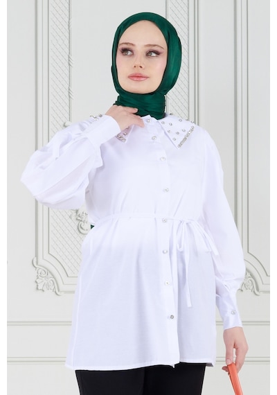 Sevitli Yakası Taş Çakım Tunik-beyaz-3646-beyaz Beyaz