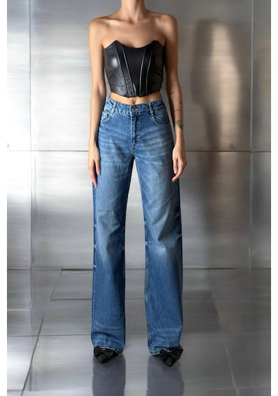 Lacarino 7650 Baggy Flare Kadın Jean Pantolon Blue