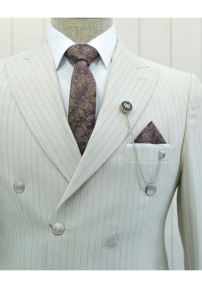 Bys Beystil Sivri Yaka Krem Çizgili Kruvaze Takım Bezayak - Slim Fit