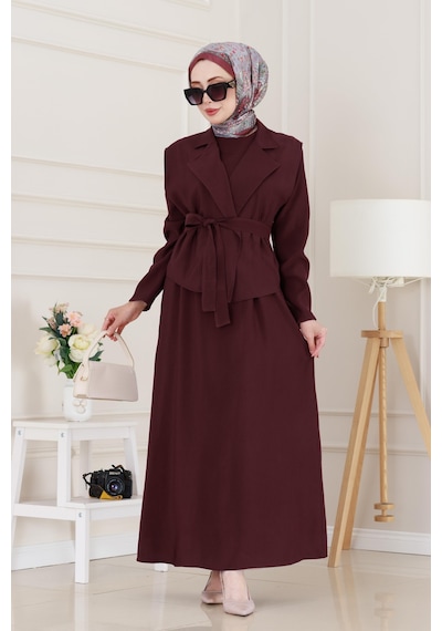 Sevitli Tensel Yelekli Asel Elbise-bordo-5042 Bordo