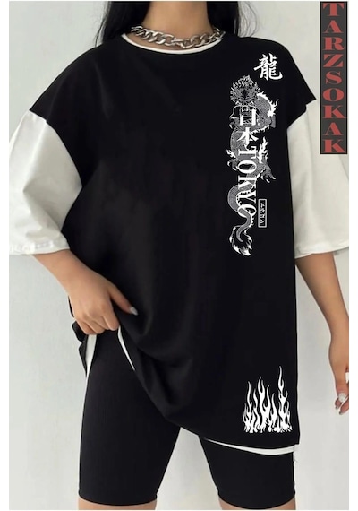 Startmore Siyah Oversize Çift Renk Dragon Baskılı Unisex Tshirt Beyaz