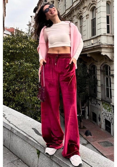 Madmext Bordo Bol Paça Kadife Pantolon Mg2283 Bordo
