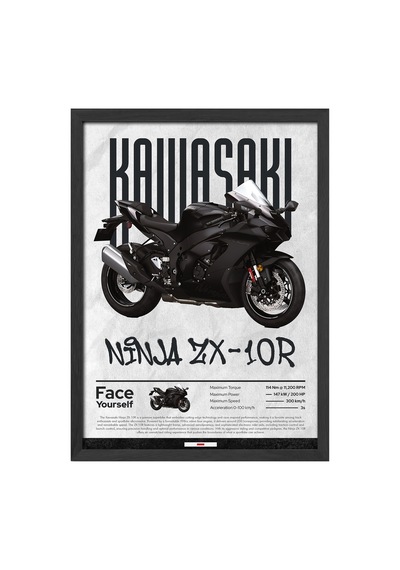 Kawasaki Ninja Zx-10r Siyah Ahşap Çerçeveli Poster, Dekoratif Motosiklet Duvar Tablosu