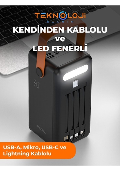 Güneş Enerjili Solar Powerbank 80.000 Mah Dijital Göstergeli El Fenerli 4 Çıkış Taşınabilir Batarya Siyah