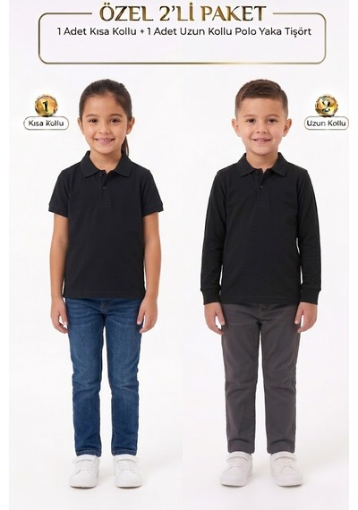Nacar Store Unisex Çocuk Uzun Ve Kısa Kollu Polo Yaka Okul Tişörtü 2'li Set Siyah