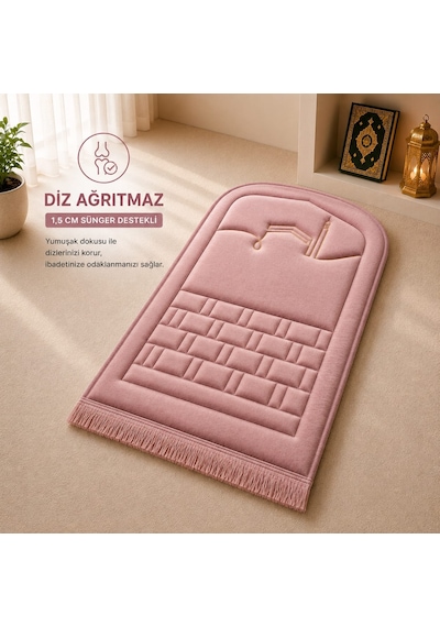 Diz Dostu Seccade Ortopedik Süngerli 1.5 cm Kalın Kadife Namazlık + Çanta Koyu Pembe