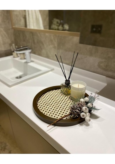 Rattan Hazeran Yuvarlak Tepsi Kahverengi %100 Doğal Hazeran