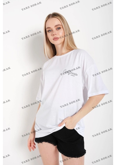 Startmore Kadın Beyaz Oversize California Baskılı Beyaz
