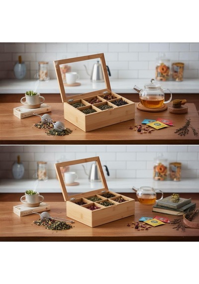 Lexroo Bambu 6 Bölmeli Çay Kutusu -%100  Bambu Mıknatıslı Kapak 21x16,5 X7cm Çok Renkli