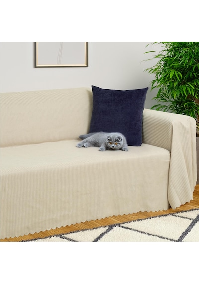 Mikrofiber Şönil Fitilli Minimalist Koltuk Örtüsü -175x350 Cm Xlarge, Çift Taraflı, Kaymaz, Terletmez Camel Camel