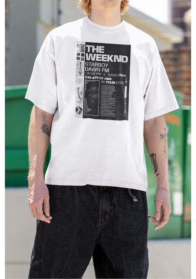 Starboy Dawn Fm The Weeknd Baskılı Unisex Oversize Rapper Tişört Beyaz