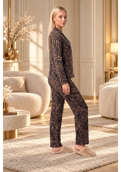 Gd Goldoremi Kadın Premium Leopar Gömlek Yaka Önden Düğmeli Uzun Kollu Pijama Takımı