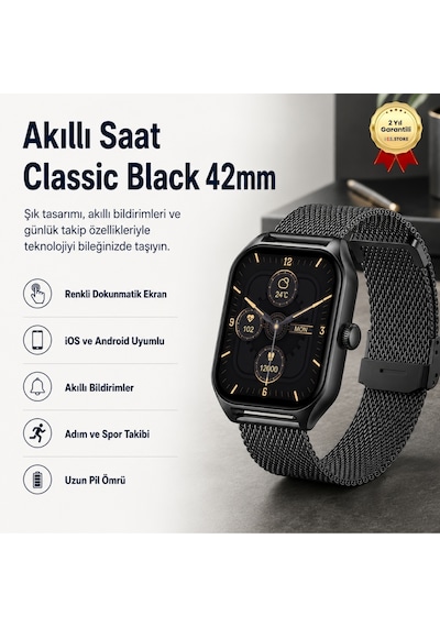 Hzl Classic Black 42 MM Çoklu Fonksiyonlu Akıllı Saat