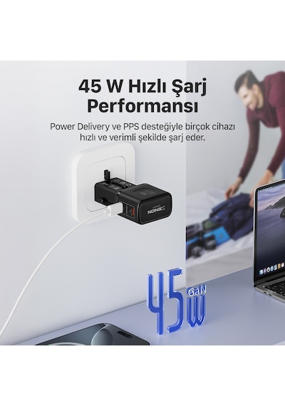 Xenon Smart Priz Dönüştürücü 45w Gan Hızlı Şarj, 200+ Ülke, 2x Usb-c, Pd Pps, Seyahat Adaptörü X6409
