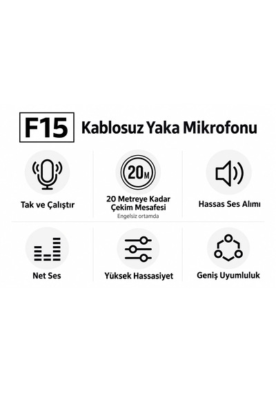F15-2 Kablosuz Çift Yaka Mikrofonu Kablosuz Bağlantı Kıskaçlı Canlı Yayın Röportaj Vlog 20 Metre Menzil Net Ses Yğksek Hassasiyet Type-c Ve Lightning Uyumlu 48 Saat Pil Ömrü