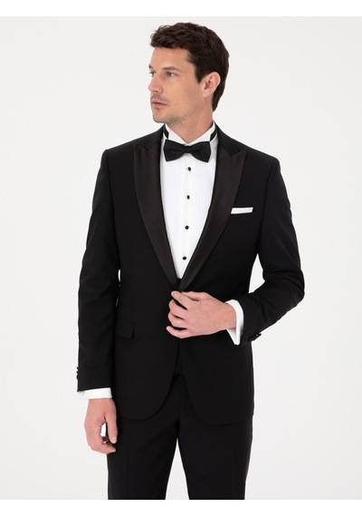 Cacharel Siyah Slim Fit Yün Karışımlı Kırlangıç Yaka Smokin Damatlık