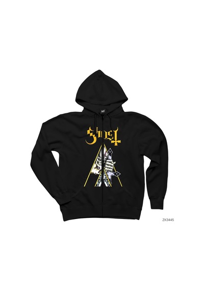 Ghost Cross Siyah Fermuarlı Kapşonlu Sweatshirt