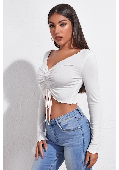 Epilons Zenviaatt2 Kadın Beyaz Uzun Kollu Büzdürme Bağcık Detaylı Crop Top Bluz Zenvi312