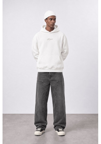 Respire Erkek Rosette Nakışlı Oversize Hoodie Ekru
