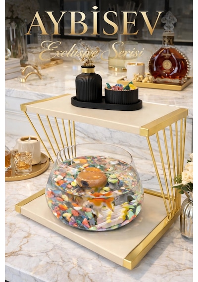 Reyo Ok-ay Store Exclusive Işıklı Beta Akvaryum Ve Fanus Modern Tasarım Led Aydınlatmalı Modern Temalı Fanus Gold-krem