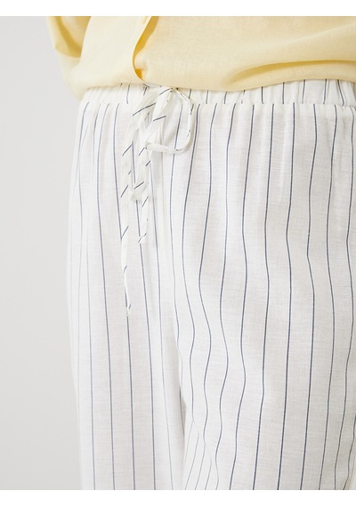 Lcw Modest Ekru Beli Lastikli Çizgili Keten Karışımlı Kadın Pantolon