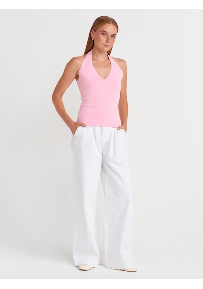 Dilvin 10794 Halter V Yaka Basıc Bluz-pembe Pembe