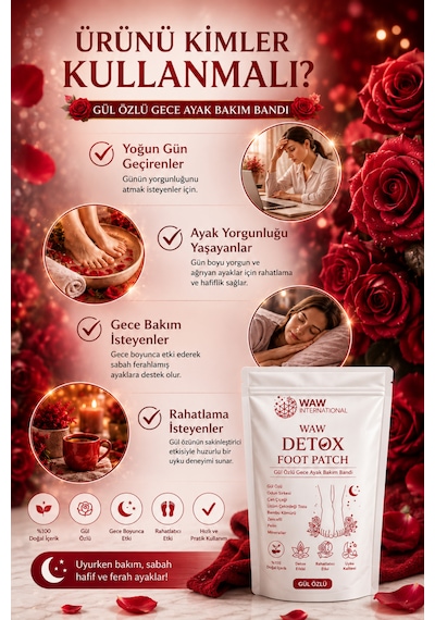 Waw Detox Foot Patch 10 Adet Gül Özlü Gece Ayak Bakım Bandı