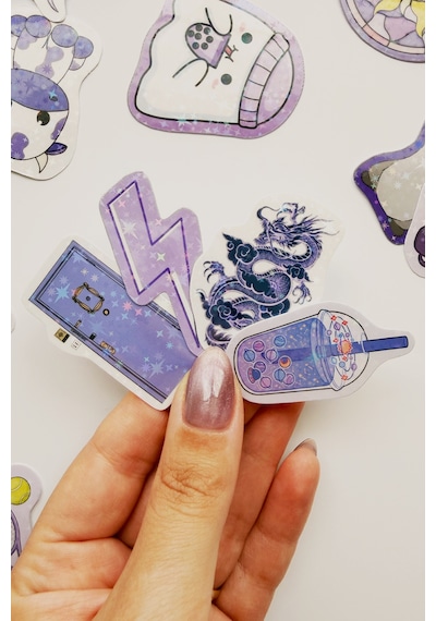Mor Renk Temalı Hologram Stickerlar 21 Adet Sticker Paketi Suya Dayanıklı Laptop Termos Telefon Etiket Seti