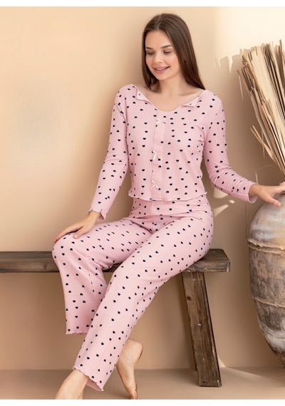 Kadın Kurdele Detaylı Kiraz Desenli U Yaka Likralı Pijama Takım Pembe