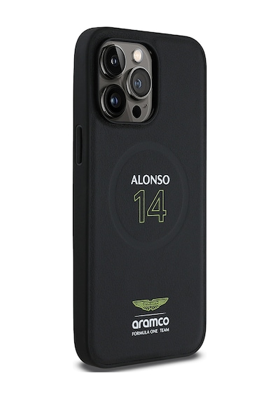 Apple Uyumlu iPhone 14 Pro Max Kılıf Aston Martin Lisanslı Magsafe Pu Deri Alonso 14 Baskılı Kapak Siyah