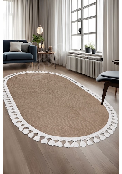 Dijidekor Halı Cool Kahverengi Sahra Desenli Saçaklı Oval Kes...