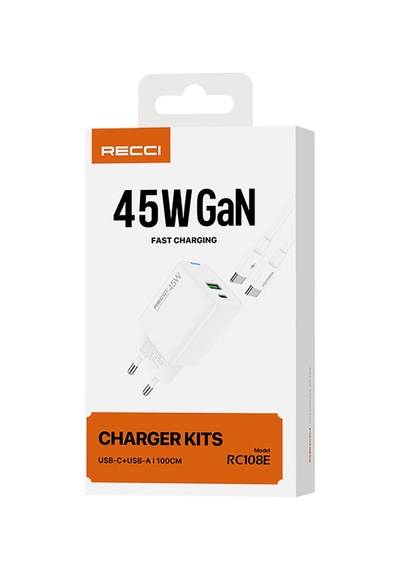 Recci Rc108e Gan Teknolojili Hızlı Şarj Başlığı Type-c To Type-c Pd 45w Kablolu Şarj Seti Beyaz