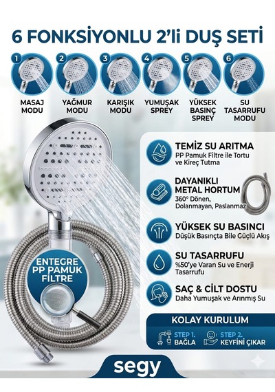 2'li Set 6 Fonksiyonlu Lüks Masajlı Filtreli Duş Başlığı +paslanmaz Sprial Hortumlu Duş Set Beyaz - Gümüş