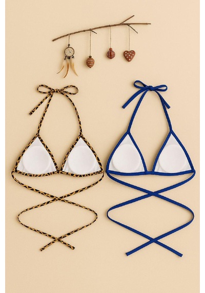 Angbutik Kadın Leopar Desenli Ve Mavi Minimal Kesim Üçgen Bikini Üstü Çok Renkli