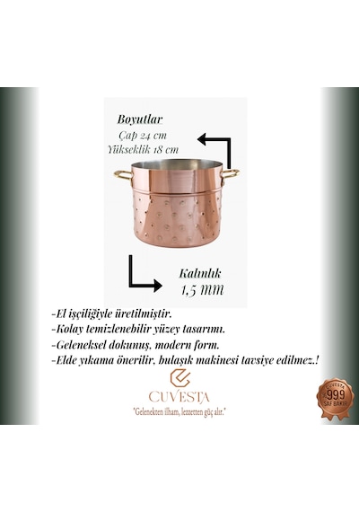 Cuvesta El Yapımı Şef Tipi Büyük Kalın 1.5mm Bakır Süzgeç 24x18cm
