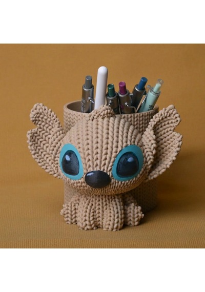 3d Baskı Knitted Kalemlik - Sevimli Karakterli Masaüstü Kalem Organizeri-bej Çok Renkli