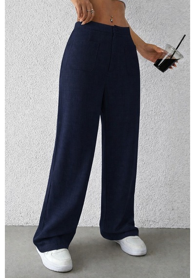 Tarz Cool Kadın Wide Leg Pantolon Ön Cep Detaylı Rahat Kalıp Günlük Pantolon Lacivert