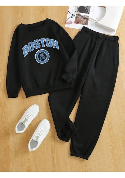 Boston 1987 Eşofman Takımı Sweatshirt Jogger - Siyah Baskılı Oversize Bisiklet Yaka Siyah