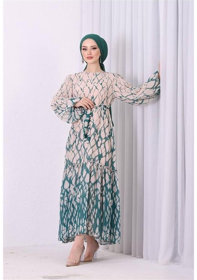 Neşeli Butik Kadın Şifon Eteği Fırfırlı Desenli Tesettür Elbise Sms008 Yeşil