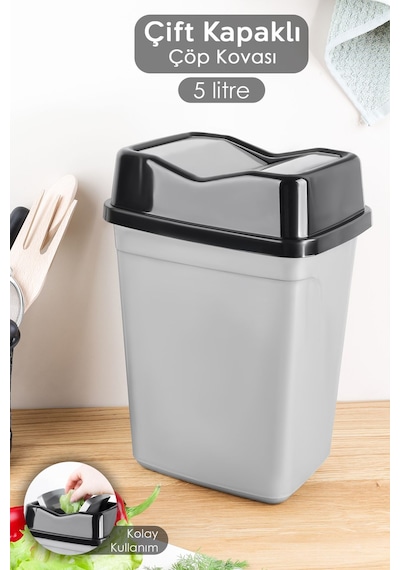 Çift Kapaklı Kelebek Çöp Kovası - Tezgah Üstü Çöp Kovası Banyo Mutfak Çöp Kovası 5 Litre Gri