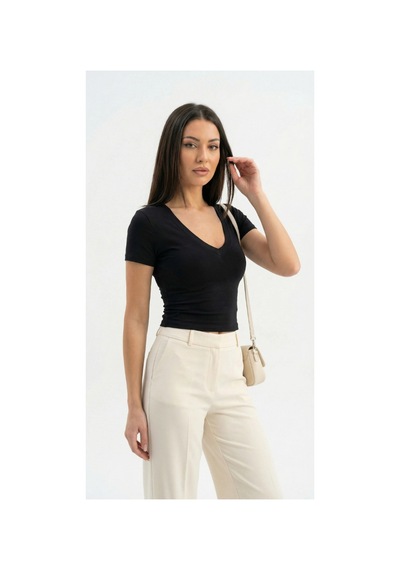 Dıanna Kadın Siyah V Yaka Basic T-shirt Günlük Esnek Kumaş Kısa Kollu T-shirt Çok Renkli